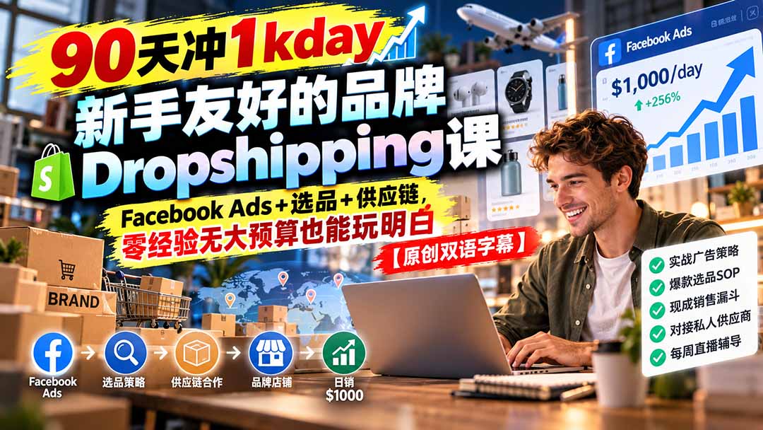 90天冲1kday 新手友好的品牌Dropshipping课：Facebook Ads+选品+供应链，零经验无大预算也能玩明白【原创双语字幕】-闲赋网