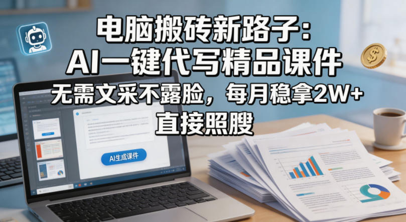 电脑搬砖新路子：AI一键代写精品课件，无需文采不露脸，每月稳拿2W+，直接照搬-闲赋网