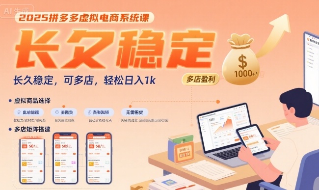 2025拼多多虚拟电商系统课，长久稳定，可多店，轻松日入1k-闲赋网