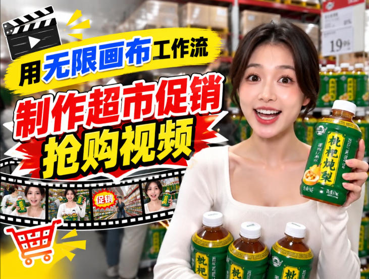无限画布超市促销抢购视频工作流，一键产出TikTok抖音带货短视频-闲赋网
