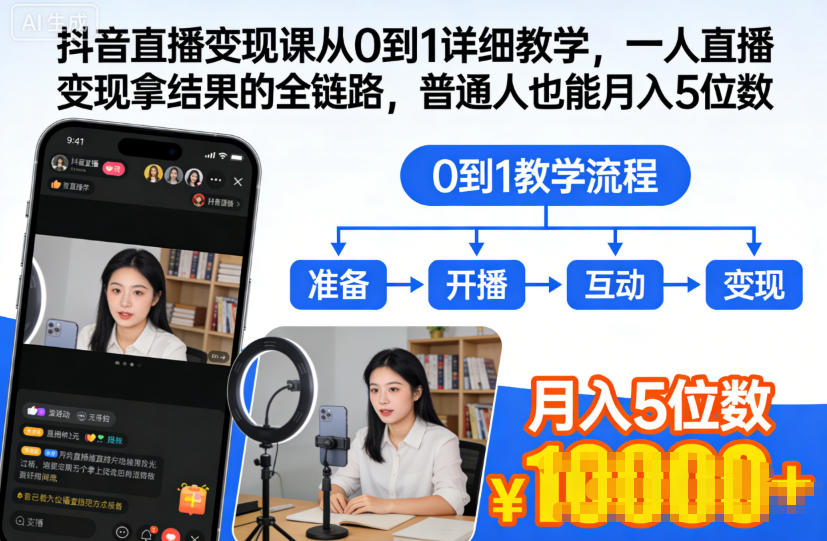 抖音直播变现课从0到1详细教学，一人直播变现拿结果的全链路，普通人也能月入5位数-闲赋网