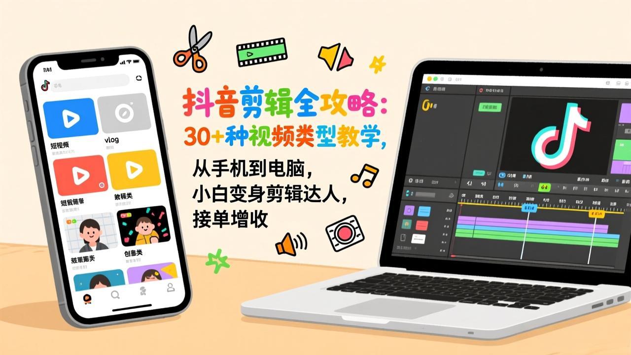 抖音剪辑全攻略：30+种视频类型教学，从手机到电脑，小白变身剪辑达人，接单增收-闲赋网