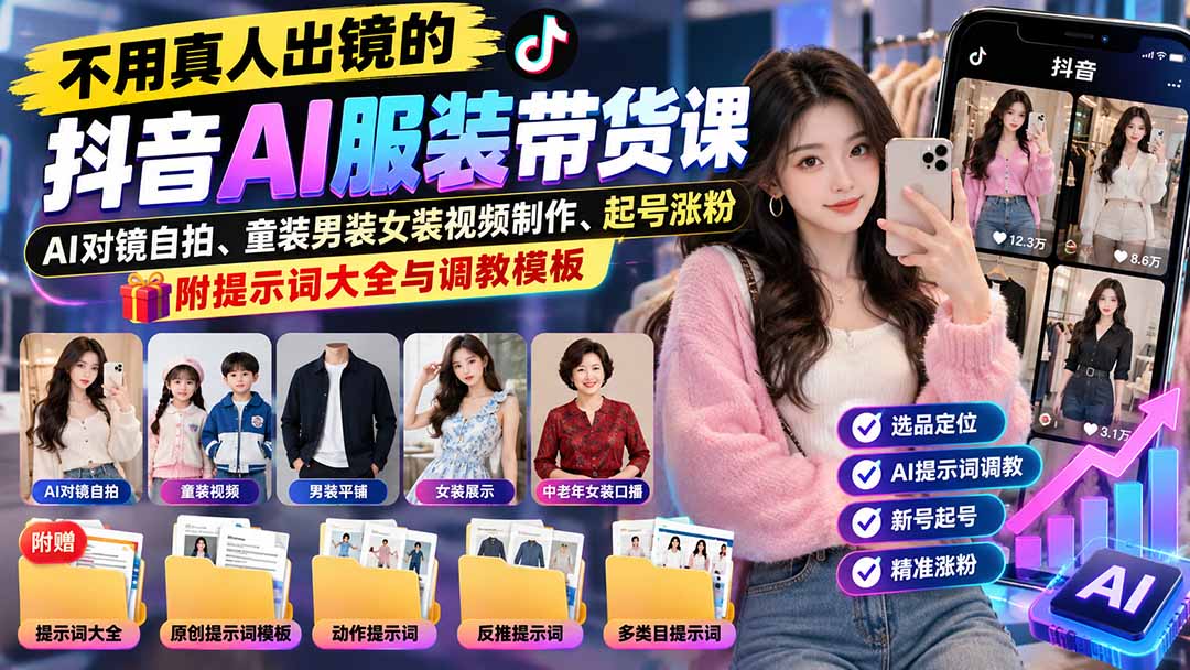 不用真人出镜的抖音AI服装带货课：AI对镜自拍、童装男装女装视频制作、起号涨粉，附提示词大全与调教模板-闲赋网