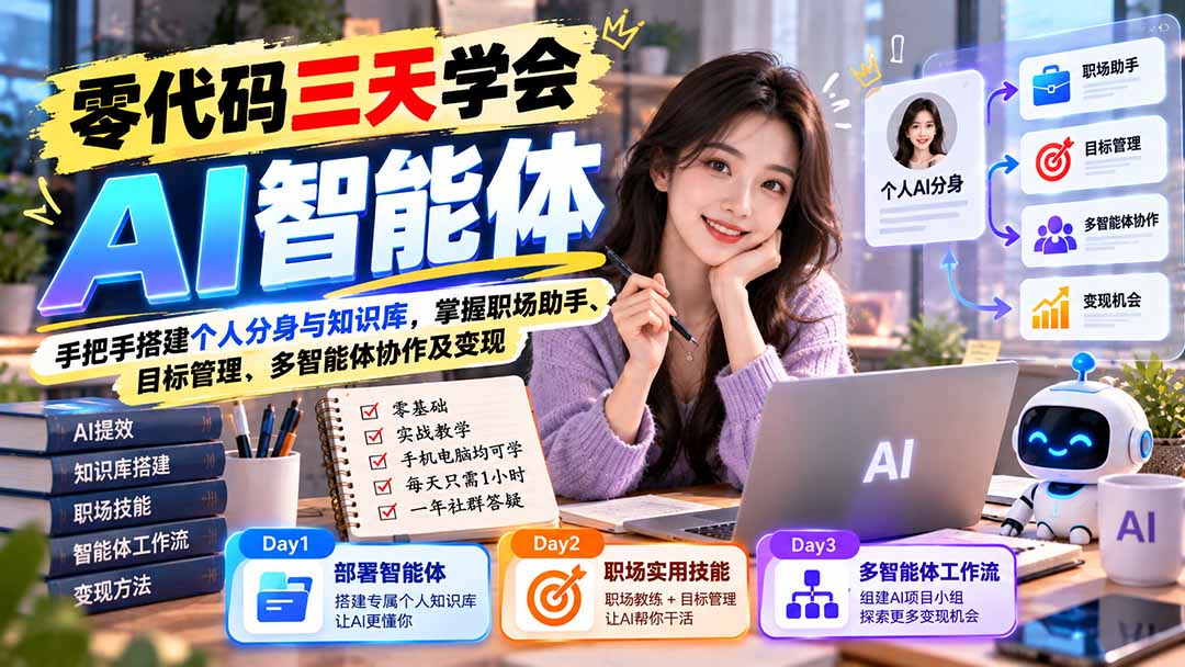 【无水印】零代码三天学会AI智能体：手把手搭建个人分身与知识库，掌握职场助手、目标管理、多智能体协作及变现-闲赋网