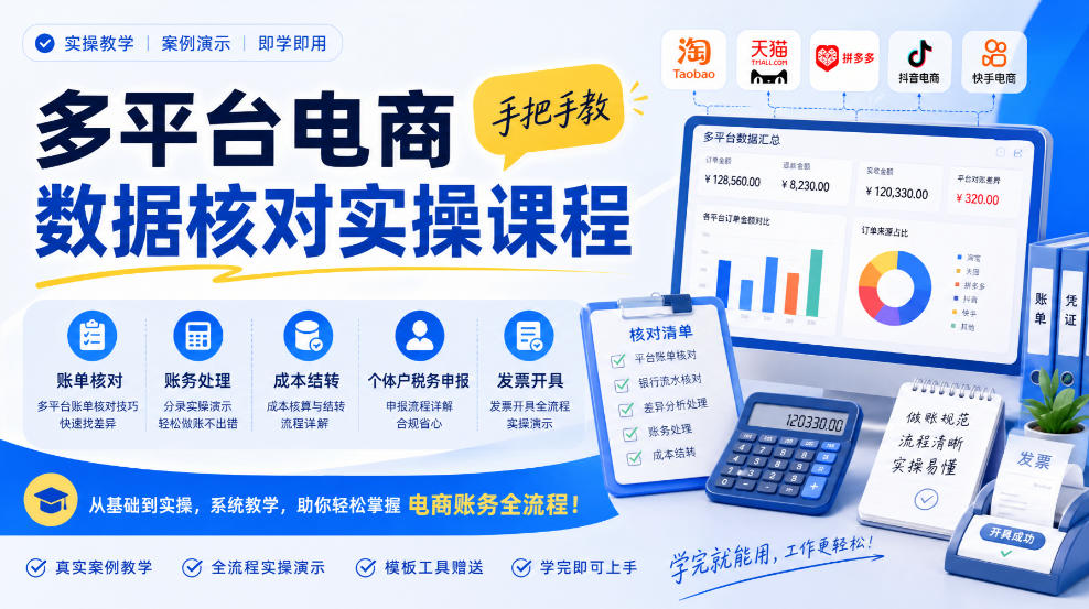 8dcc7dc18ba5b8fedd07b9781d38247f.jpeg 多平台电商数据核对实操课程,手把手教账单核对、账务处理、成本结转、个体户税务申报与发票开具