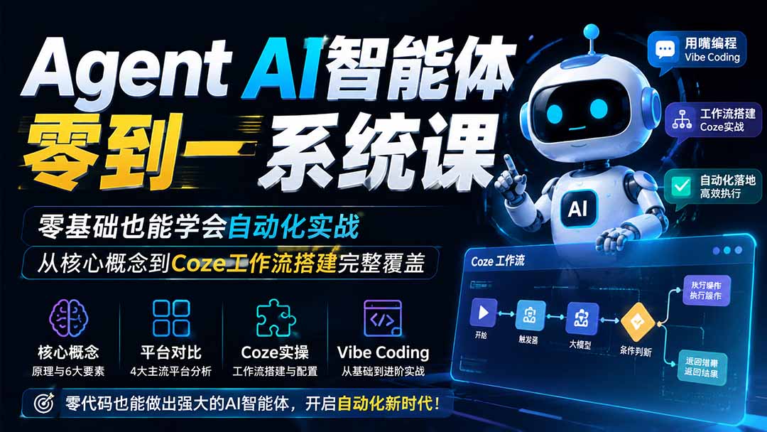 8eb5473f0890d2ed5ce387c0cd8d44e1.jpeg Agent AI智能体零到一系统课;零基础也能学会自动化实战,从核心概念到Coze工作流搭建完整覆盖