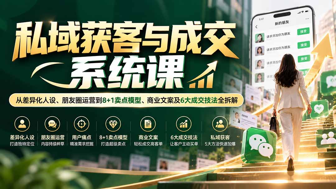 私域获客与成交系统课：从差异化人设、朋友圈运营到8+1卖点模型、商业文案及6大成交技法全拆解-闲赋网