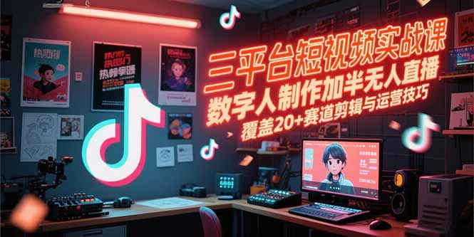 三平台短视频实战课，数字人制作加半无人直播，覆盖20+赛道剪辑与运营技巧-闲赋网