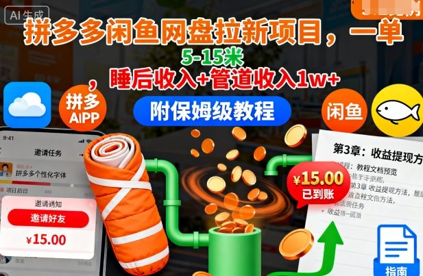 拼多多闲鱼网盘拉新项目，一单5-15米，睡后收入+管道收入1w+(附保姆级教程)-闲赋网