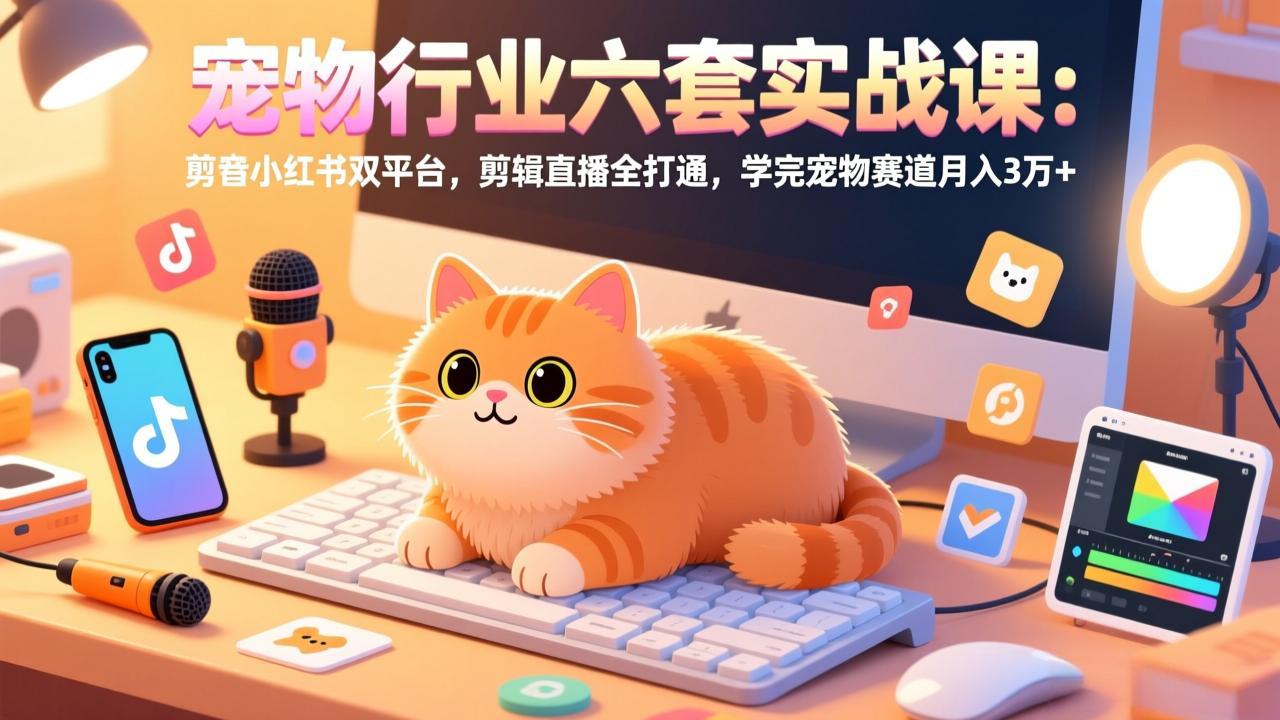 宠物行业六套实战课：抖音小红书双平台，剪辑直播全打通，学完宠物赛道月入3万+-闲赋网