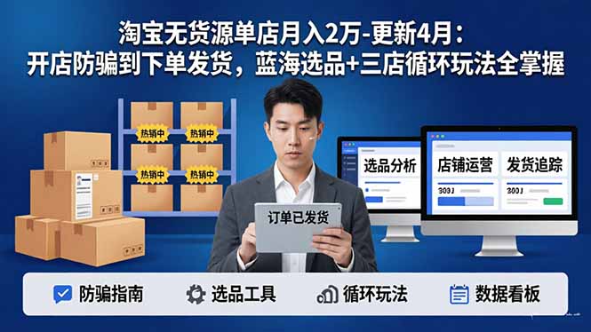 淘宝无货源5.0单店月入2万-更新4月：开店防骗到下单发货，蓝海选品+三店循环玩法全掌握-闲赋网