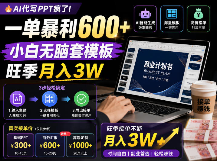 AI代写PPT疯了！一单暴利600+，小白无脑套模板，旺季月入3W，不用苦哈哈引流【揭秘】-闲赋网
