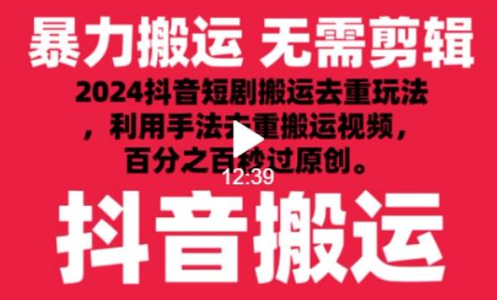 2024最新抖音搬运技术，抖音短剧视频去重，手法搬运，利用工具去重，达到秒过原创的效果【揭秘】-闲赋网