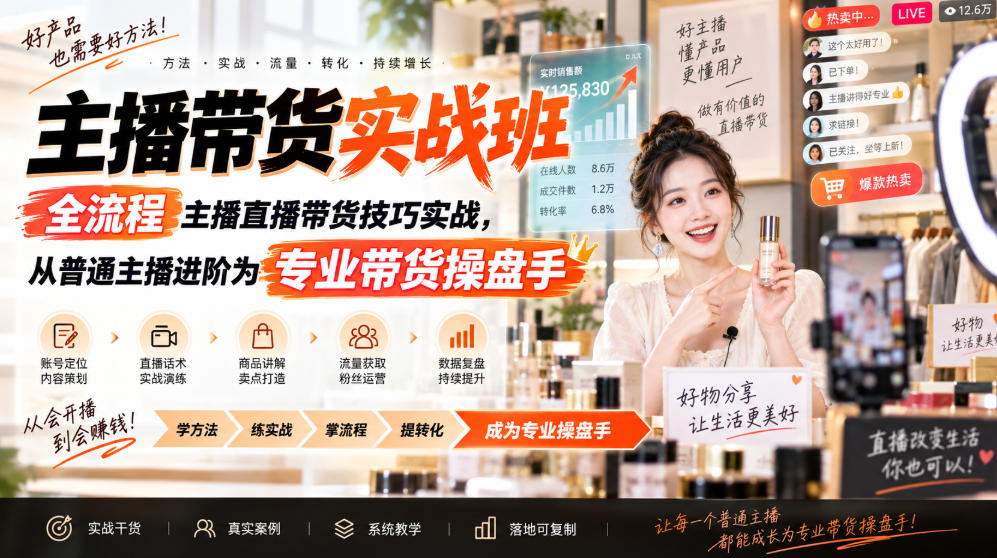 主播带货实战班ZB，全流程主播直播带货技巧实战，从普通主播进阶为专业带货操盘手-闲赋网