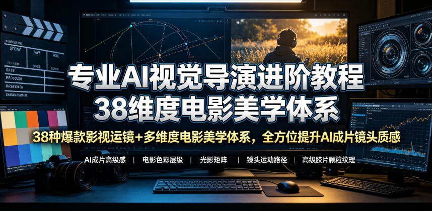 9aae0df03855df83268aa23c6dc9ccf4.jpeg 专业AI视觉导演进阶教程,38种爆款影视运镜+多维度电影美学体系,全方位提升AI成片高级感与镜头质感