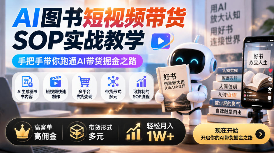 AI图书短视频带货SOP实战教学，手把手带你跑通AI带货掘金之路，高客单高佣金，带货形式多元，轻松月入1W+-闲赋网