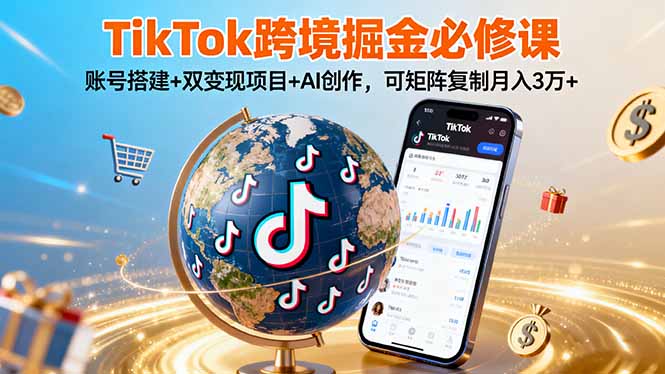 TikTo跨境掘金必修课，账号搭建+双变现项目+AI创作，可矩阵复制月入3万+-闲赋网