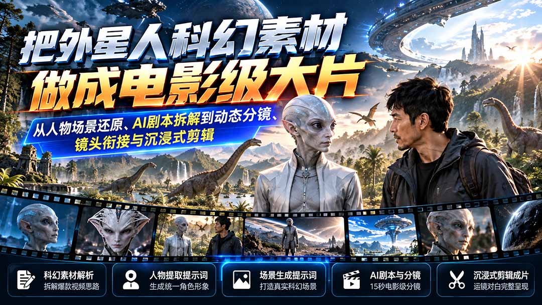 9b85e9719c28f04ecb7c380b3545b46b.jpeg 把外星人科幻素材做成电影级大片:从人物场景还原、AI剧本拆解到动态分镜、镜头衔接与沉浸式剪辑