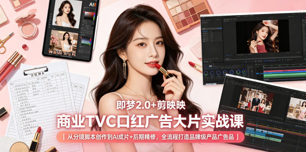 9ba3d0b486d6b3f29b1a252a285e0240.jpeg 即梦2.0+剪映商业TVC口红广告大片实战课|从分镜脚本创作到AI成片+后期精修,全流程打造品牌级产品广告