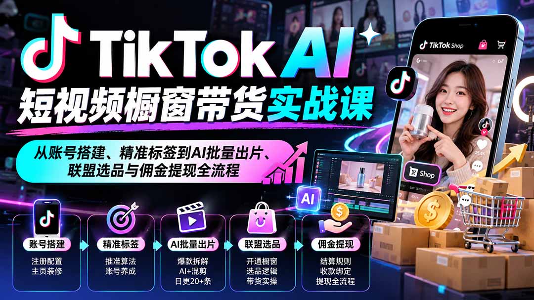 TikTok AI短视频橱窗带货实战课：从账号搭建、精准标签到AI批量出片、联盟选品与佣金提现全流程-闲赋网