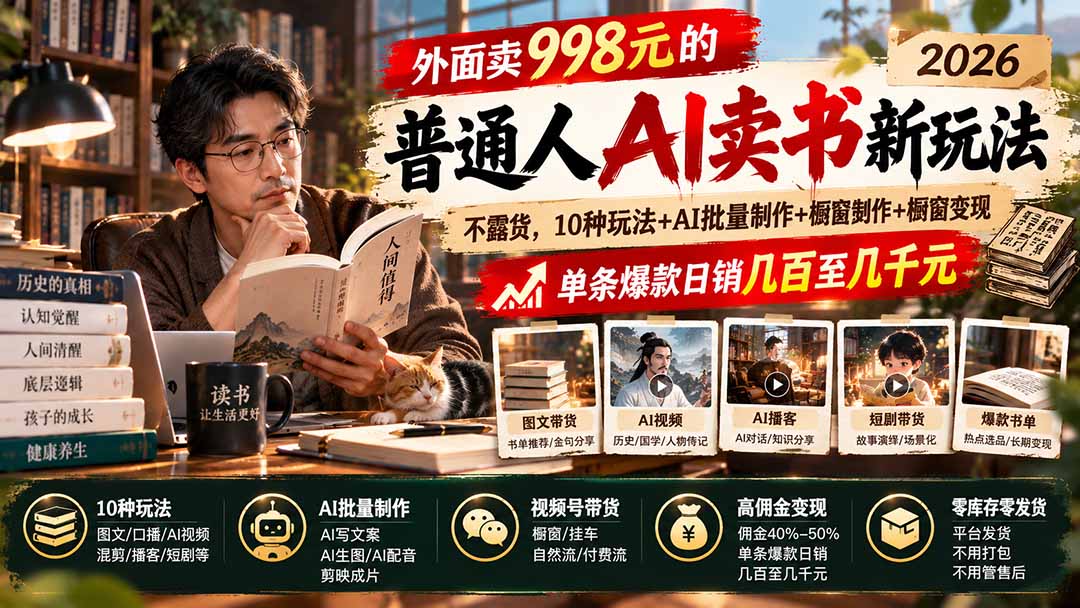 9d5ac36c2341d3ae2c4553acbe7d4673.jpeg 外面卖998元的2026普通人AI卖书新玩法:不露脸、不囤货,10种玩法+AI批量制作+橱窗变现,单条爆款日销几百至几千元