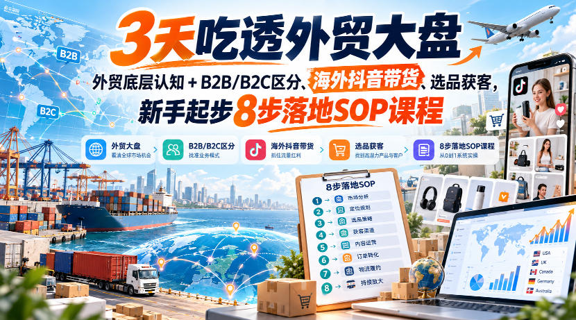 3天吃透外贸大盘，外贸底层认知+B2B/B2C区分、海外抖音带货、选品获客，新手起步8步落地SOP课程-闲赋网