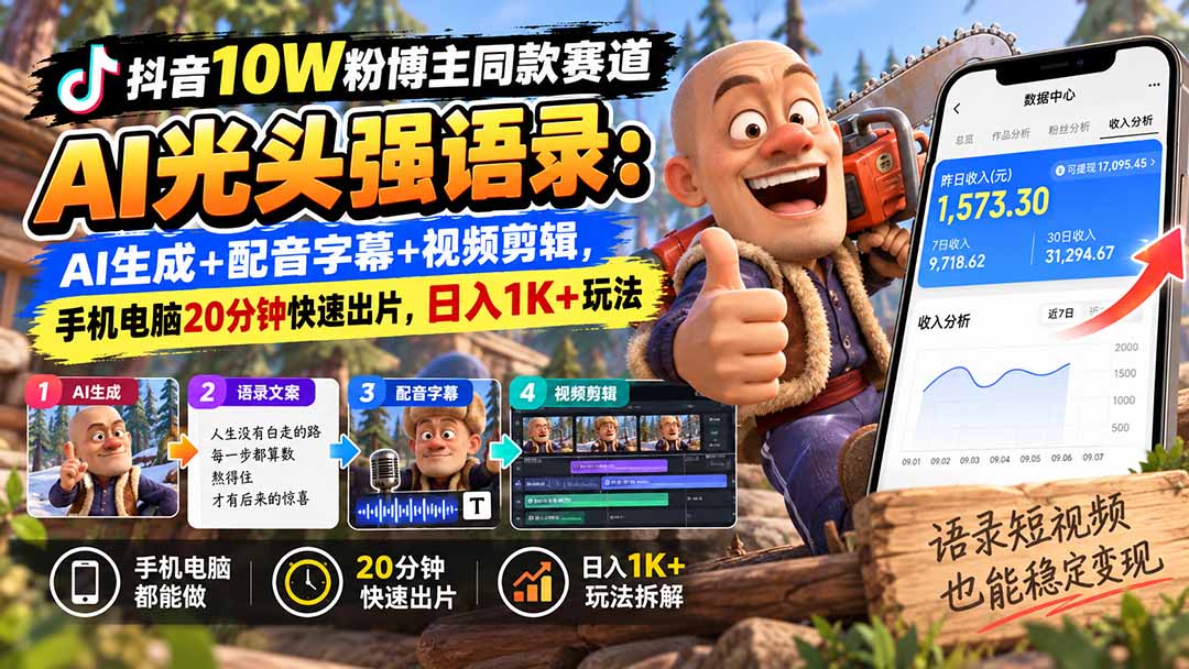 【无水印】抖音10W粉博主同款赛道AI光头强语录：AI生成+配音字幕+视频剪辑，手机电脑20分钟快速出片，日入1K+玩法-闲赋网