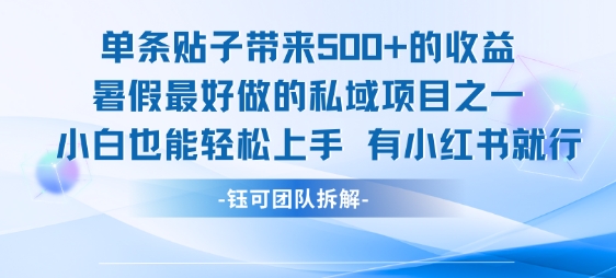单条贴子带来5张的收益，暑假最好做的私域项目之一，小白也能轻松上手，有小红书就行-闲赋网
