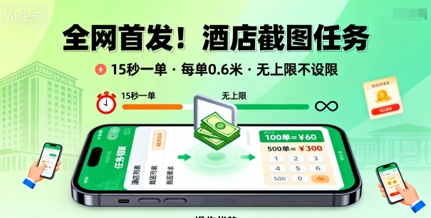 全网首发！酒店截图任务，15秒一单，每单0.6米，任务无上限不设限，矩阵操作单日3张到手【揭秘】-闲赋网