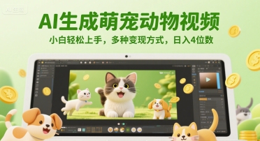 AI生成萌宠动物视频，小白轻松上手，多种变现方式，日入4位数-闲赋网