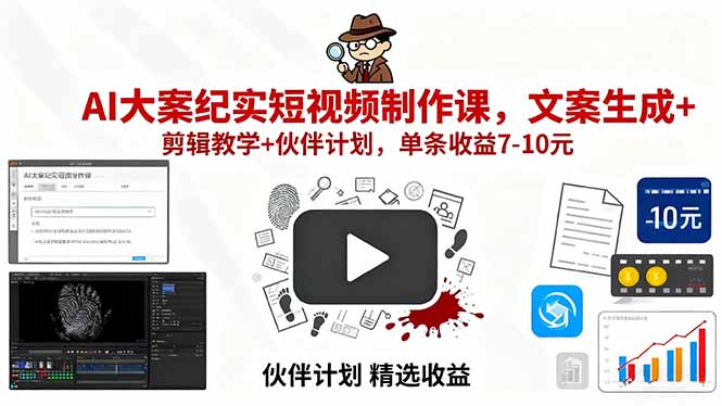 AI大案纪实短视频制作课，文案生成+剪辑教学+伙伴计划，单条收益7-10元-闲赋网