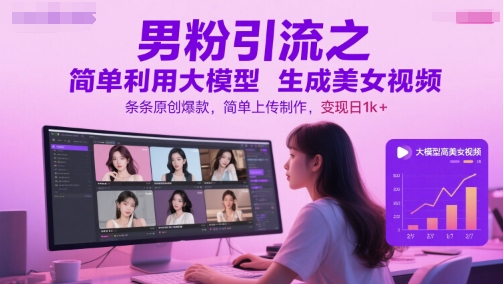 男粉引流之简单利用大模型生成美女视频，条条原创爆款，简单上传制作，变现日1k+-闲赋网