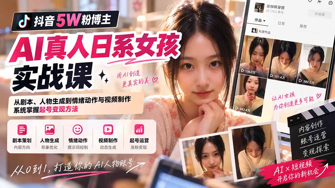 a260ea50df8f032558d7b69d127210d3.jpeg 抖音5W粉博主AI真人日系女孩实战课:从剧本、人物生成到情绪动作与视频制作,系统掌握起号变现方法