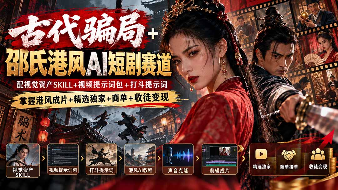 古代骗局+邵氏港风AI短剧赛道：配视觉资产SKILL+视频提示词包+打斗提示词，掌握港风成片+精选独家+商单+收徒变现-闲赋网