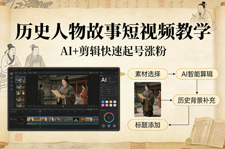 历史人物故事短视频教学，AI+剪辑制作历史人物题材短视频，快速起号涨粉-闲赋网