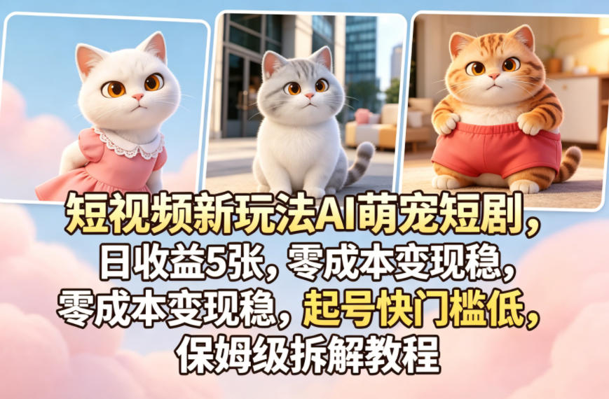 短视频新玩法AI萌宠短剧，日收益5张，零成本变现稳，起号快门槛低，保姆级拆解教程-闲赋网