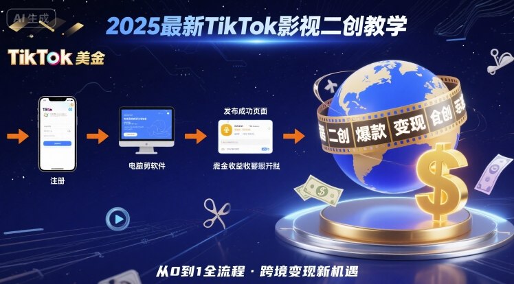 2025年最新TikTok影视二创教学，从注册到发布撸美金全流程，跨境变现新机遇-闲赋网