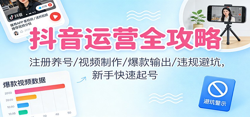 抖音运营全攻略：注册养号/视频制作/爆款输出/违规避坑，新手快速起号-闲赋网