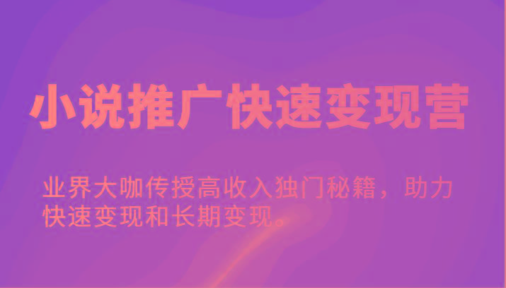 小说推广快速变现营-业界大咖传授高收入独门秘籍，助力快速变现和长期变现。-闲赋网