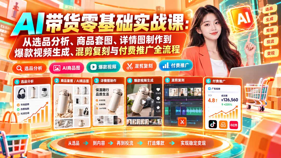 ac00c5a920265030e78906a26be8a500.jpeg AI带货零基础实战课:从选品分析、商品套图、详情图制作到爆款视频生成、混剪复刻与付费推广全流程