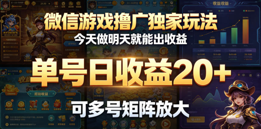 微信游戏撸广独家玩法，今天做明天就能出收益，单号日收益20+，可多号矩阵放大-闲赋网