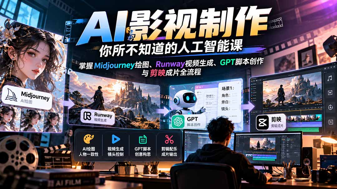 【无水印】AI影视制作-你所不知道的人工智能课，掌握Midjourney绘图、Runway视频生成、GPT脚本创作与剪映成片全流程-闲赋网