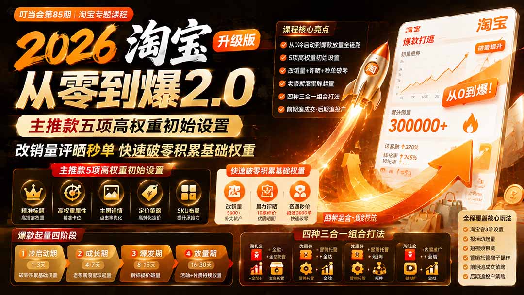 2026淘宝从零到爆2.0第85期；主推款五项高权重初始设置，改销量评晒秒单快速破零积累基础权重-闲赋网