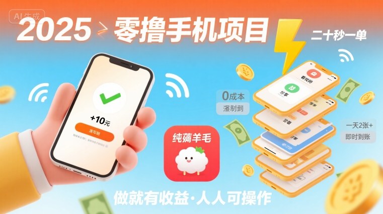 2025年零撸手机项目，二十秒一单，纯薅羊毛 一天2张+做就有-闲赋网