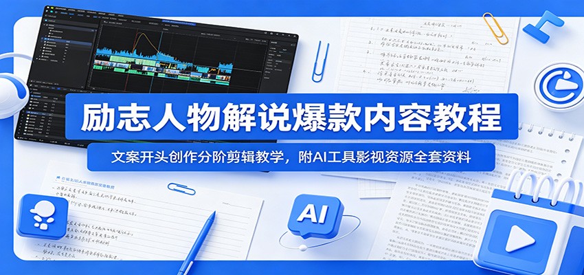 励志人物解说爆款内容教程：文案开头创作分阶剪辑教学，附AI 工具影视资源全套资料-闲赋网