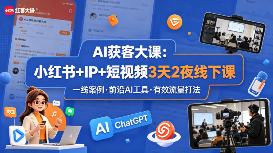 AI获客大课小红书+IP+短视频3天2夜线下课，用最真实的一线案例，最前沿的AI工具，最有效的流量打法-闲赋网