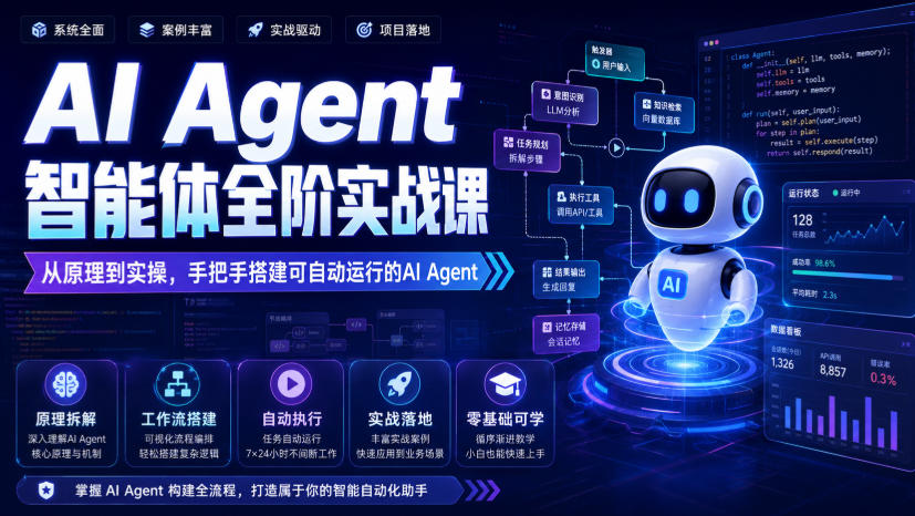 b004ec297589b9460e9c04607a0190df.jpeg AI Agent智能体全阶实战课,从原理到实操,手把手搭建可自动运行的AI Agent