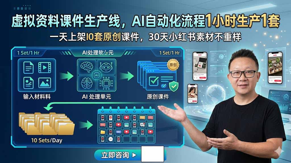 虚拟资料课件生产线，AI自动化流程1小时生产1套，一天上架10套原创课件，30天小红书素材不重样-闲赋网