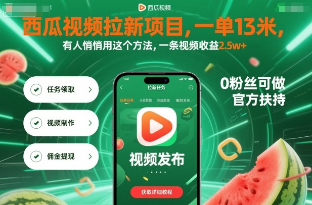 西瓜视频拉新项目，一单13米，有人悄悄用这个方法，一条视频收益2.5w+(附详细教程)-闲赋网