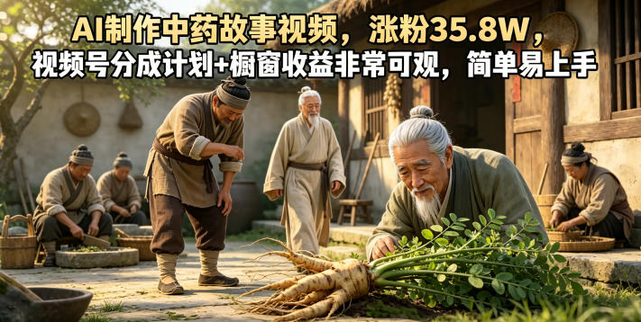 AI制作中药故事视频，涨粉35.8W，视频号分成计划+橱窗收益非常可观，简单易上手-闲赋网